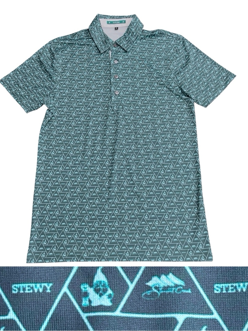 Flyte Golf Dark Sage/Aqua Stewy Gnome Print Polo Golf Shirt (S)